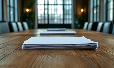  In una stanza dalle alte ed ampie finestre, tre plichi di fogli bianchi sono appoggiati su una lunga scrivania in legno scuro, circondata da diverse sedie in pelle nera.