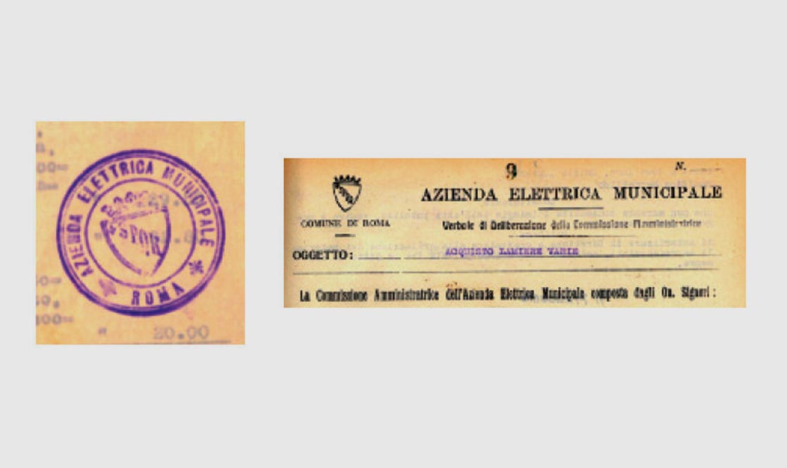 Documenti storici dell’Azienda Elettrica Municipale di Roma risalenti ai primi del Novecento, con timbro ufficiale con stemma SPQR