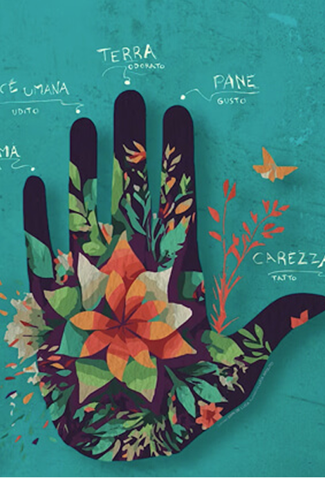 mano stilizzata da cui escono dei fiori colorati