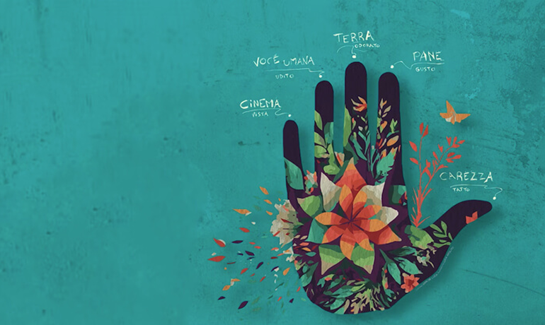 stylised hand from which colourful flowers emerge