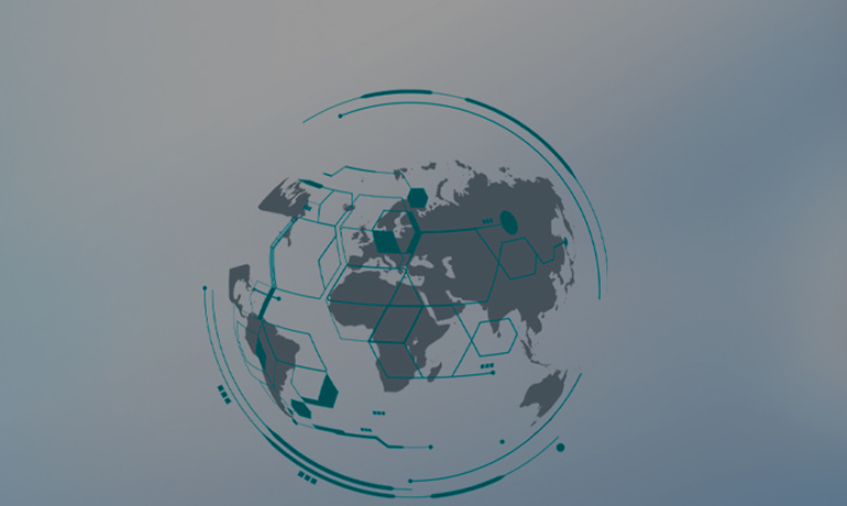 stylised world map with an outline and links between countries
