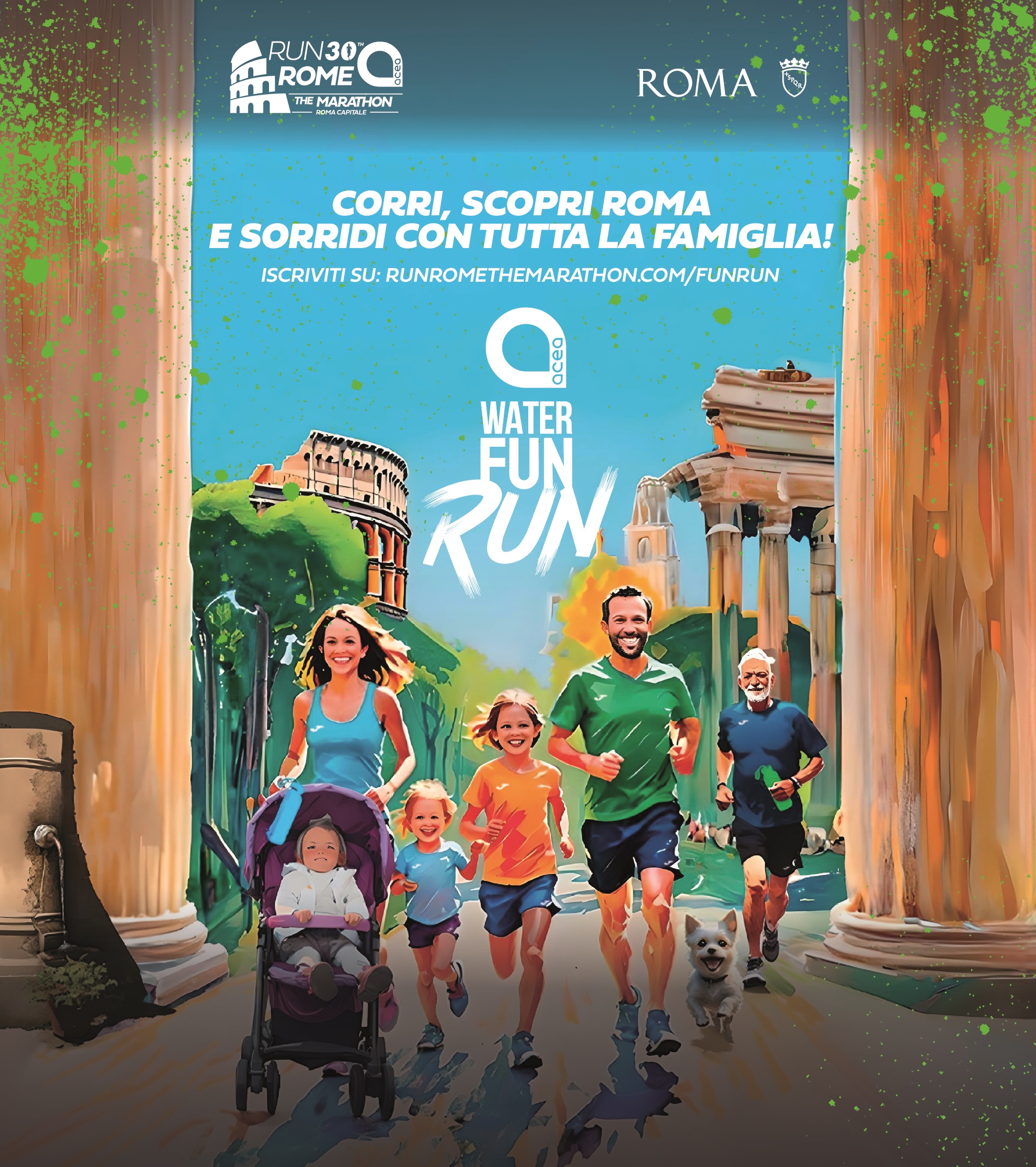 Poster of the ‘water fun run’ event showing a family with children running and the slogan ‘run, discover Rome and smile with the whole family!