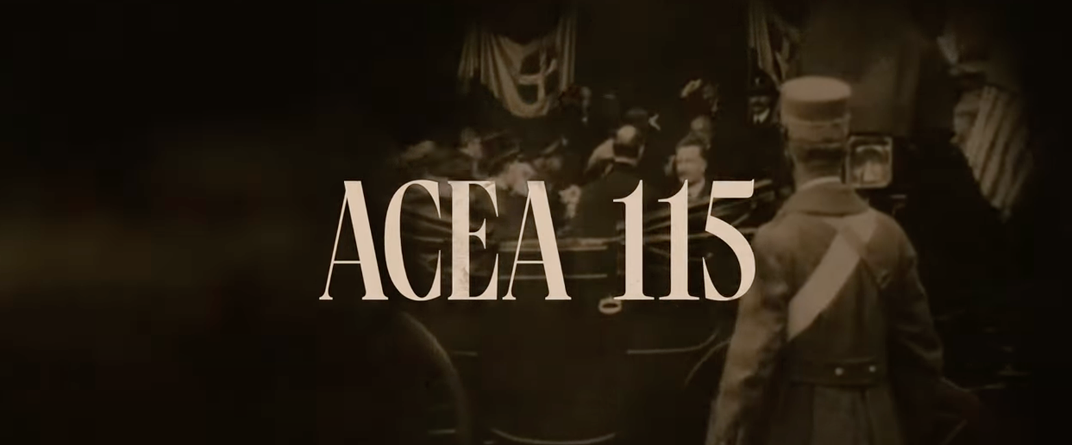 Copertina del video del documentario dei 115 anni di acea. Si vede la scritta "acea 115" su un frame di un vecchio video d'epoca in bianco e nero