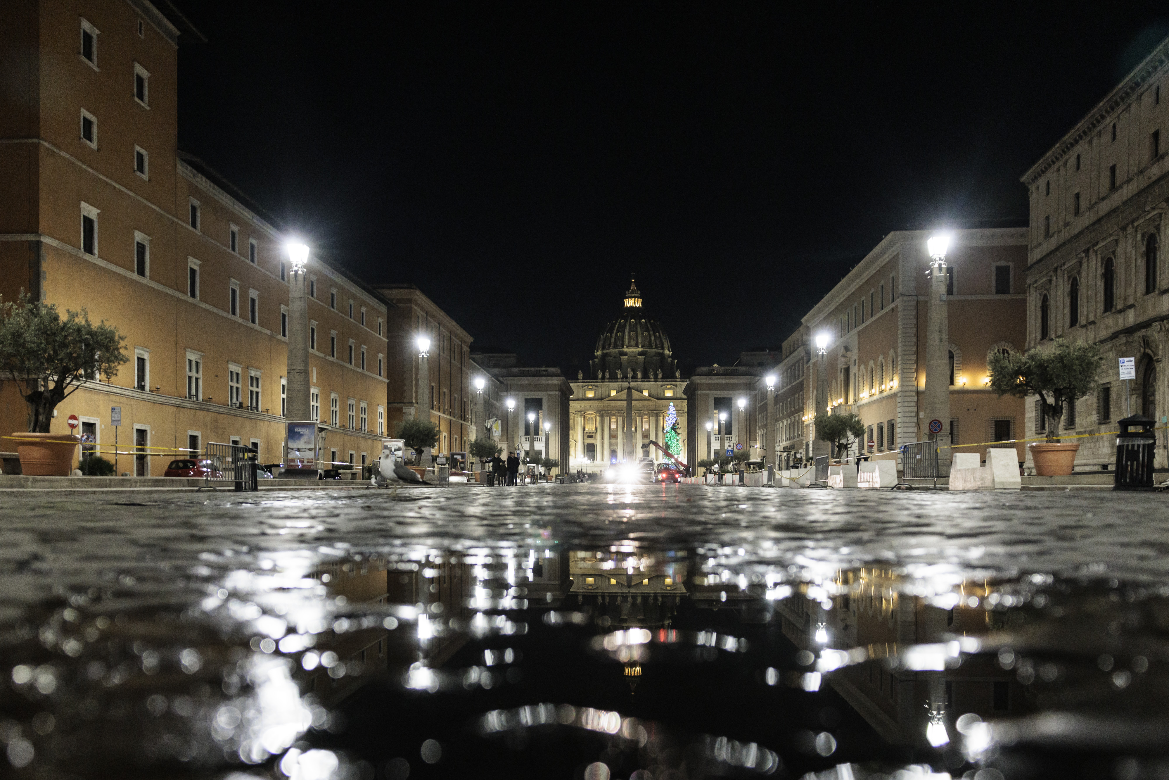 close-up of via della conciliazione illuminated with st. peter's basilica in the background